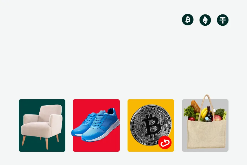 image with general shopping items, a bitcoin coin, and icons for Bitcoin, ehtereum and USD Tether